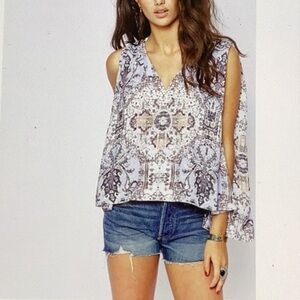 Free People Pale Blue Paisley Split-Sleeve V-Neck Top